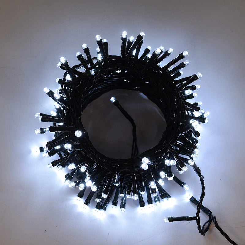 CATENA LUMINOSA LED 300 LUCI BIANCHE DA 15M PER INTERNI ED ESTERNI - CAVO VERDE CON CONTROLLER 8 FUNZIONI E TRASFORMATORE 31V