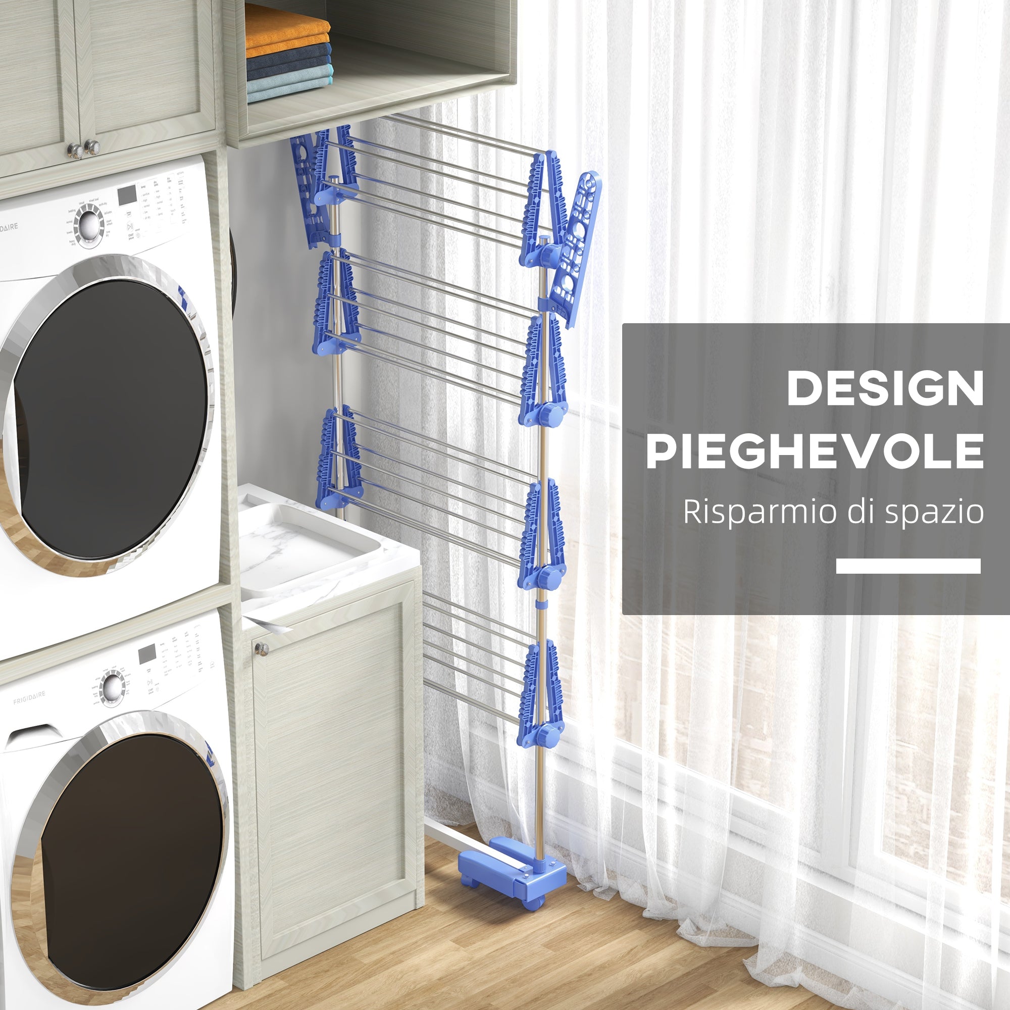 Stendino Verticale con 4 Ripiani Regolabili 142x55x172 cm in Acciaio e Plastica Blu e Argento