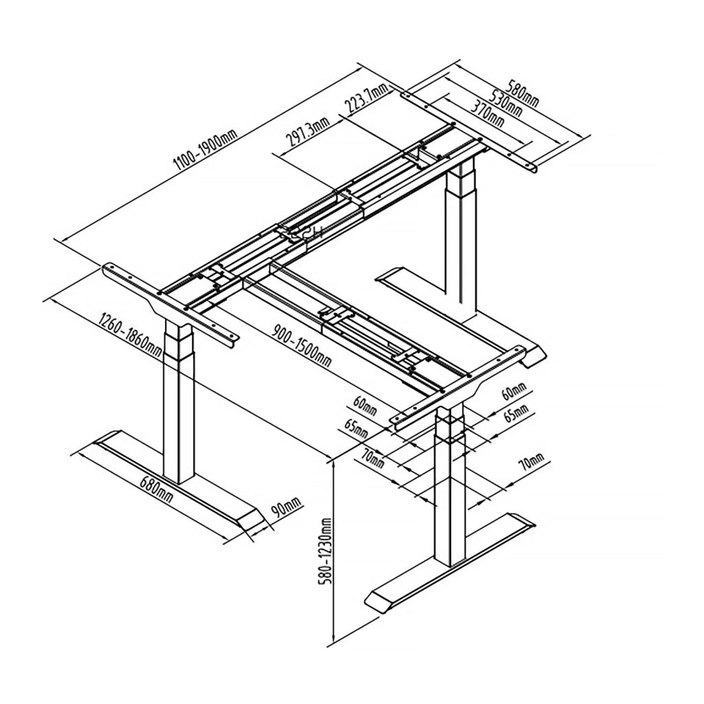 Scrivania angolare sit-stand (base) - altezza: 58 - 123 cm - larghezza: 90 - 150 cm (sinistra) / 110 - 190 cm (destra) - angolo: 90° - 150 kg 14_0005936