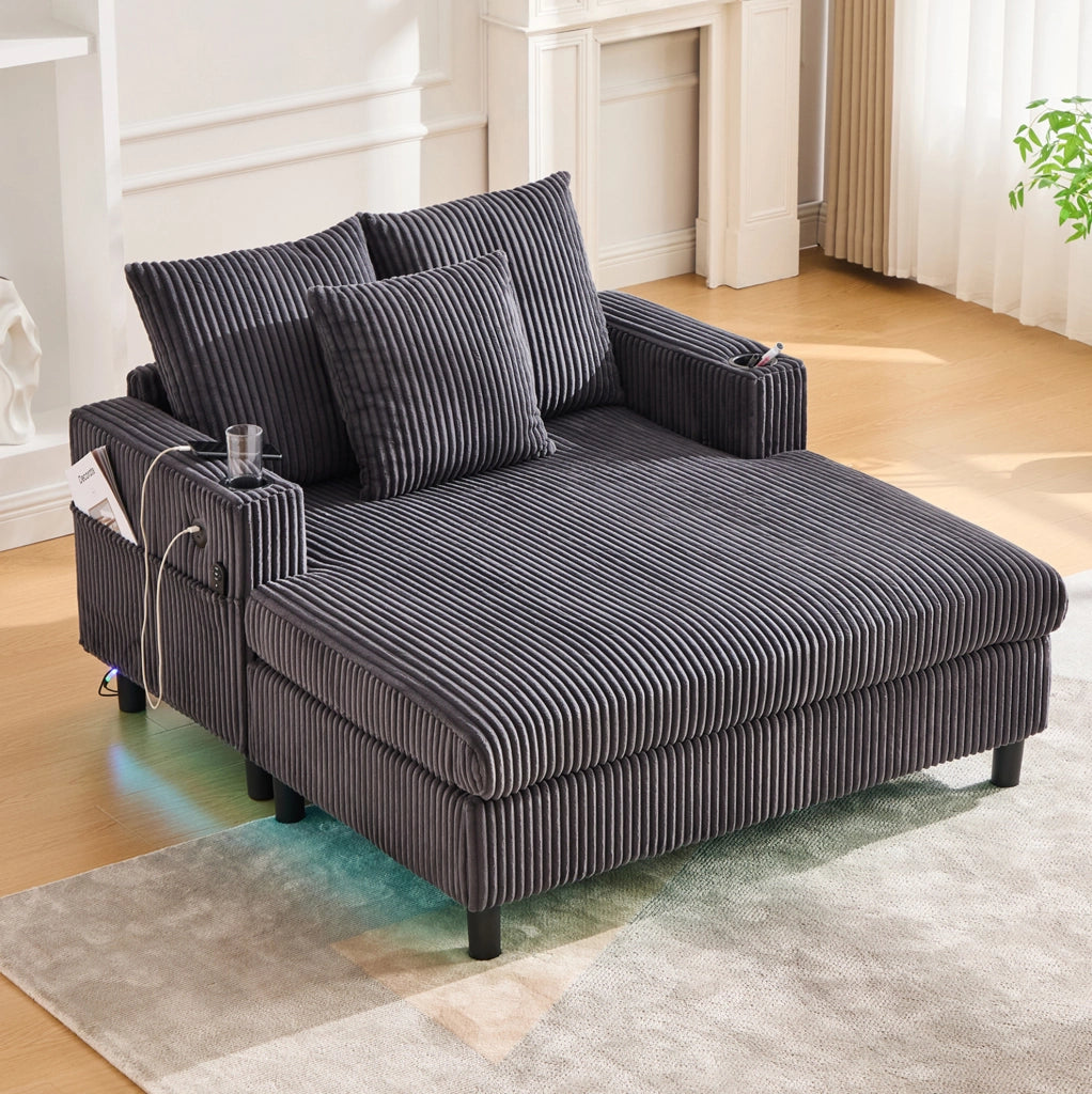 Poltrona relax 142x128x85 cm con luci LED multicolore; portabicchiere in velluto a coste grigio scuro