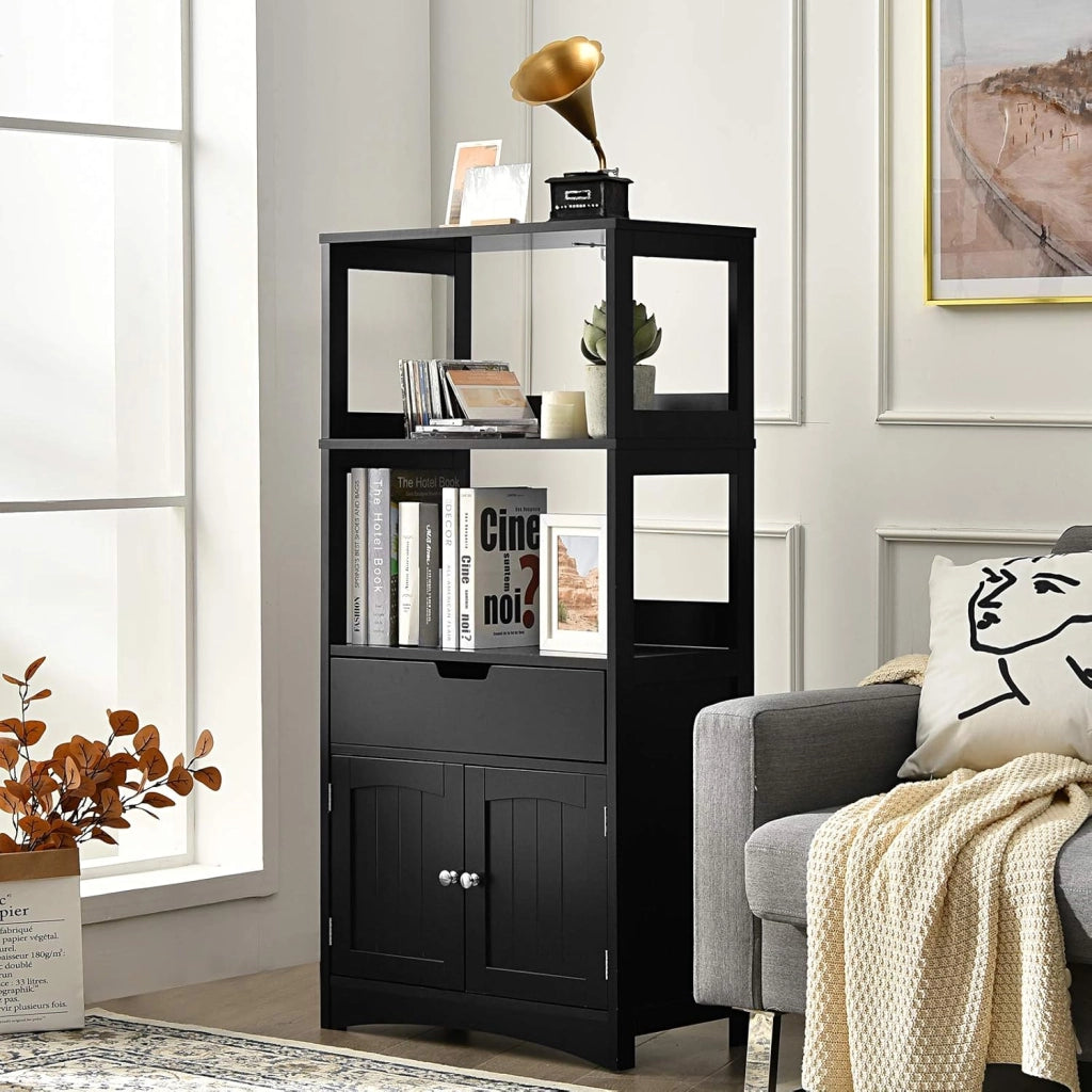 Mobile da bagno con ripiano a 3 livelli e cassetto, armadio su piedistallo per bagno, dispositivo antiribaltamento, mobiletto portaoggetti 60 x 32,5 x 122 cm (nero)