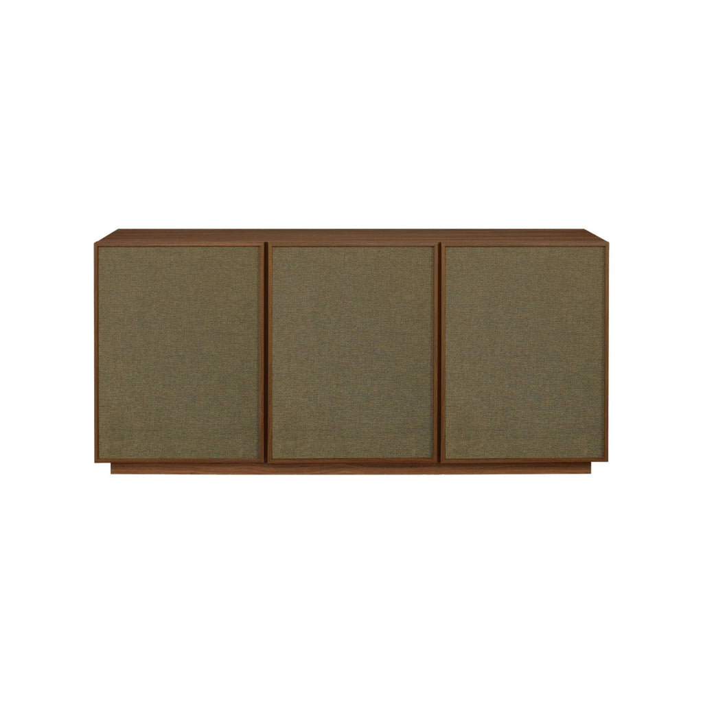 Credenza decorativa in legno e tessuto 3 ante 160 cm, noce