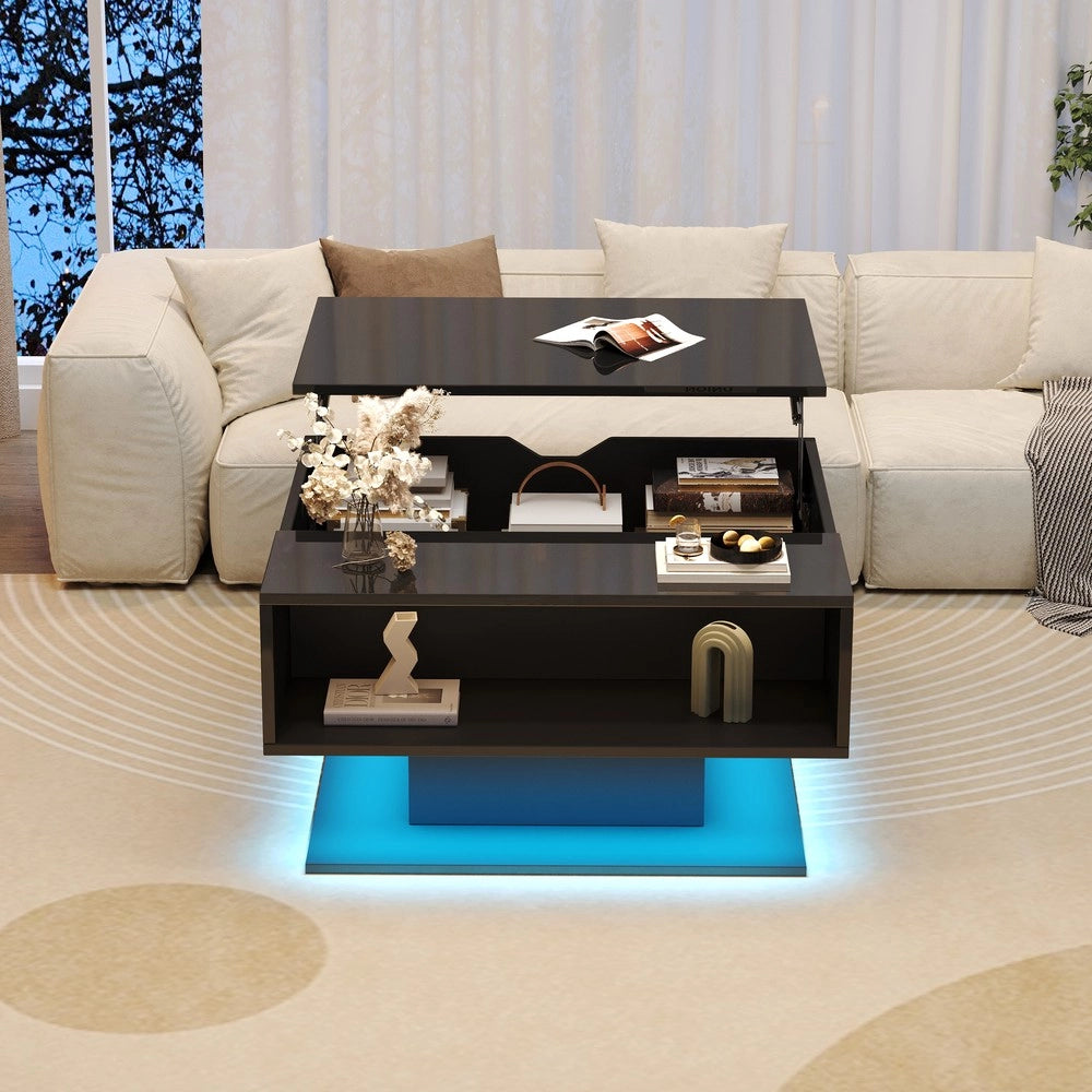 Tavolino da Caff¨¨ con Vano Contenitore e Piano Sollevabile ¨C MINIMAL ¨C Nero Lucido 80x75x40