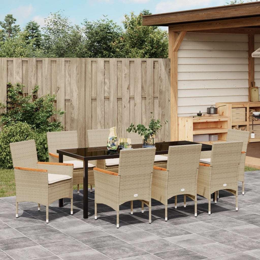 Set da Pranzo da Giardino 9 Pezzi con Cuscini Polyrattan Beige