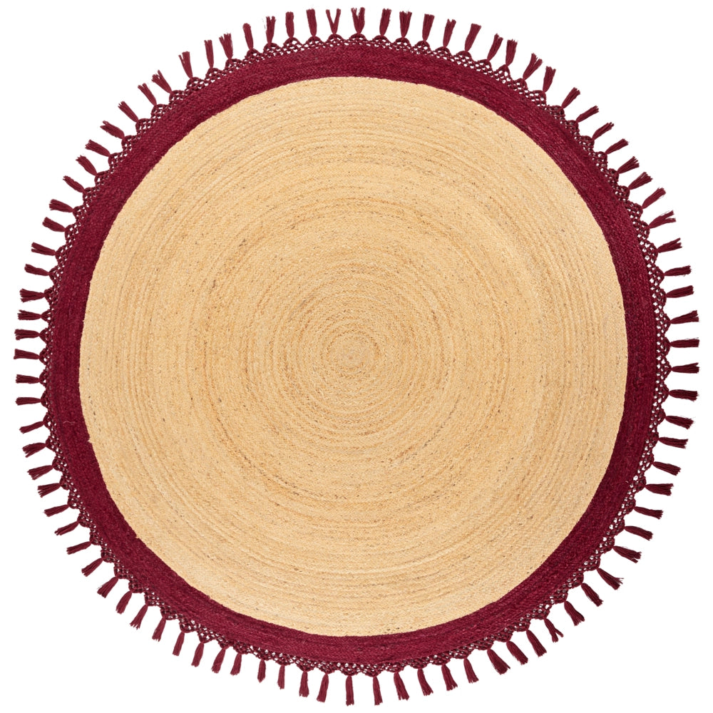 Tappeto Beige e Rosso Rotondo 200 cm Boho Rustico Spirale Intrecciato Fatto a mano Juta Naturale Camera da letto Soggiorno
