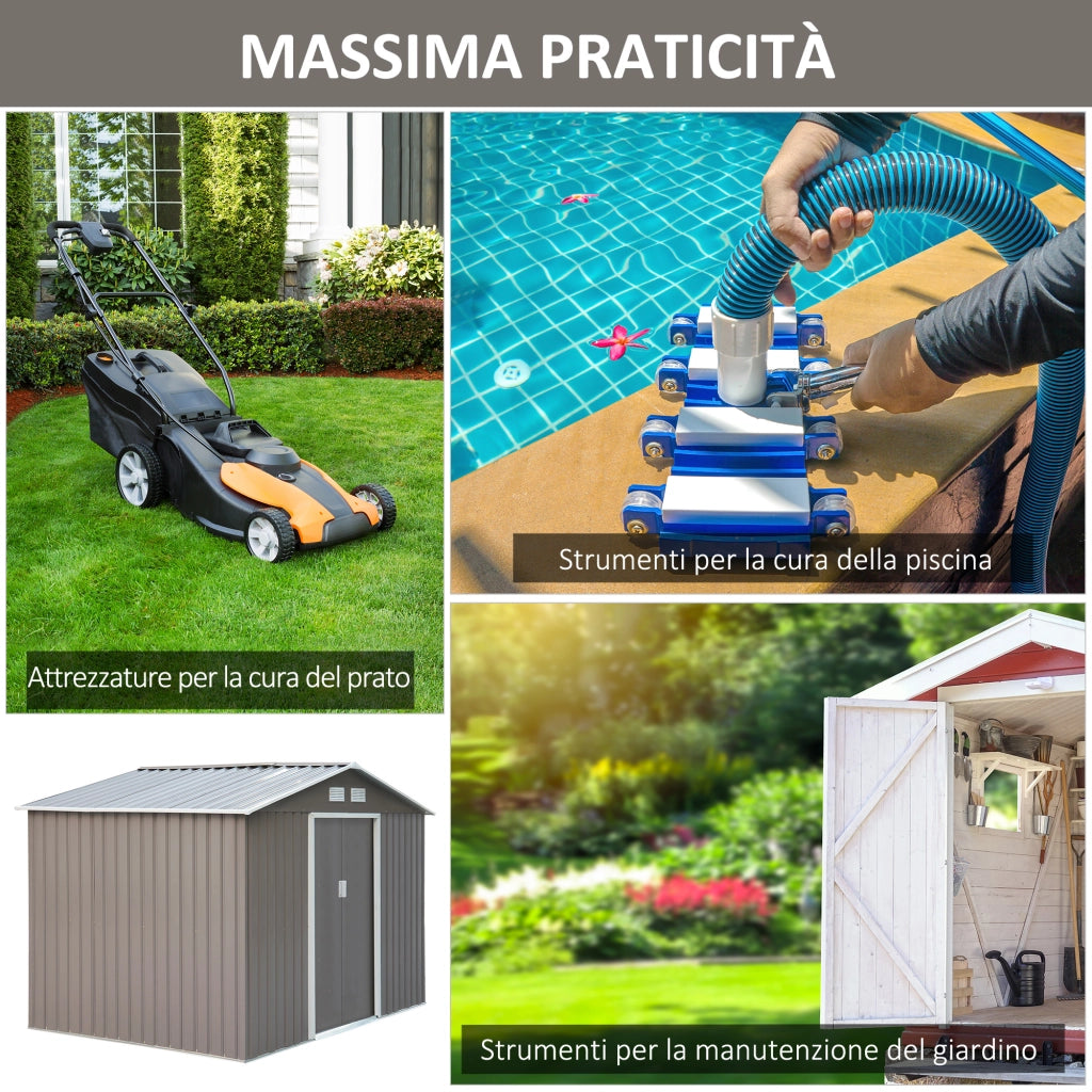 Easycomfort Casetta da Giardino con Doppie Porte Scorrevoli in Lamiera di Acciaio, Capanno da Giardino in Acciaio, 277x195x192cm, Grigia