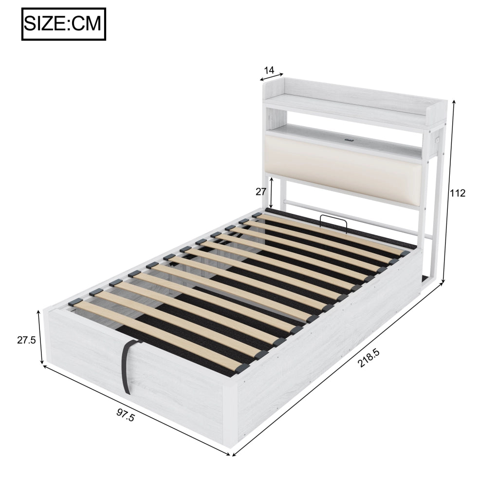 Letto singolo 90x200 cm con contenitore; meccanismo di sollevamento idraulico; USB; bianco