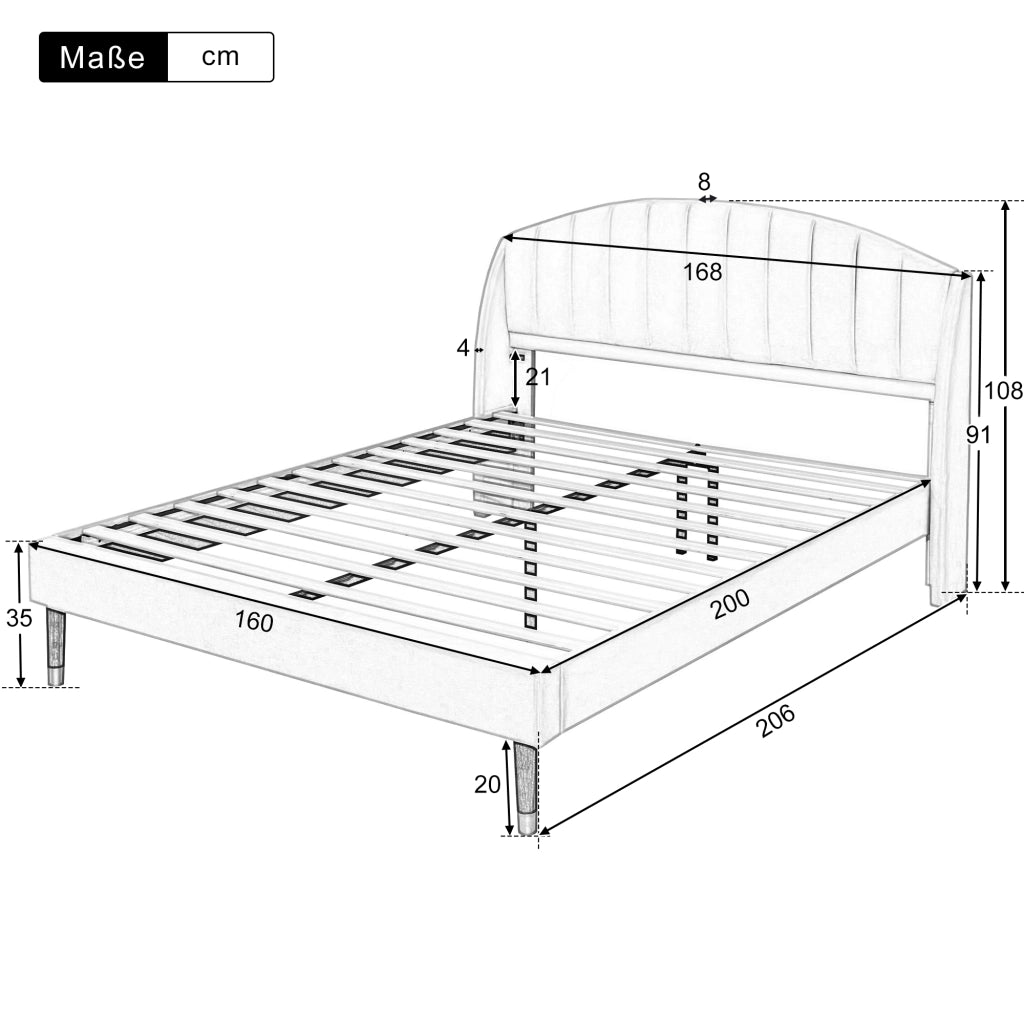 Letto Matrimoniale 160×200 cm con Testiera Imbottita; senza Materasso; in Velluto; Grigio