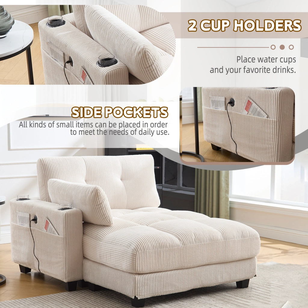 Poltrona Lounge con USB e Portabicchieri; Poggiatesta Regolabile; Tasca Laterale; in Velluto a Coste Beige