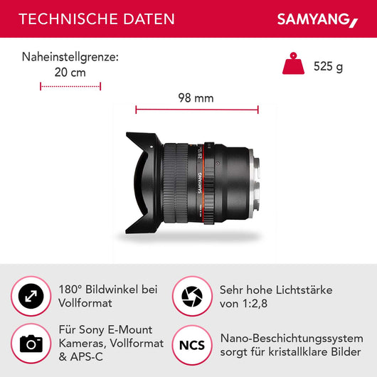 SAMYANG Obiettivo Fisheye DSLR Sony E 12 mm / F2.8 Obiettivo fotografico a fuoco manuale, super grandangolare nero