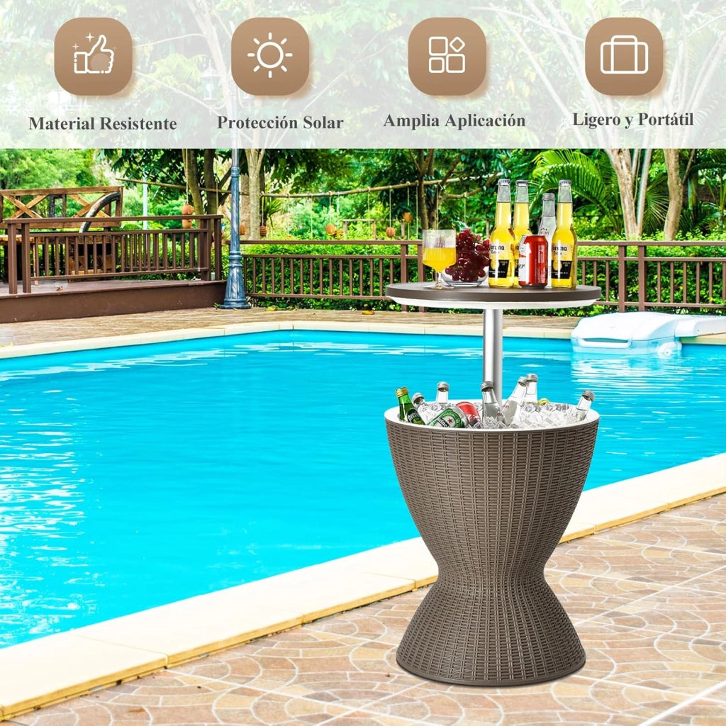 Tavolo Frigo da Giardino 3 in 1, Secchiello Ghiaccio Regolabile in Altezza 30L, con Coperchio Removibile & Foro di Scarico, 75 KG, Portaghiaccio per Giardino, Piscina, Campeggio
