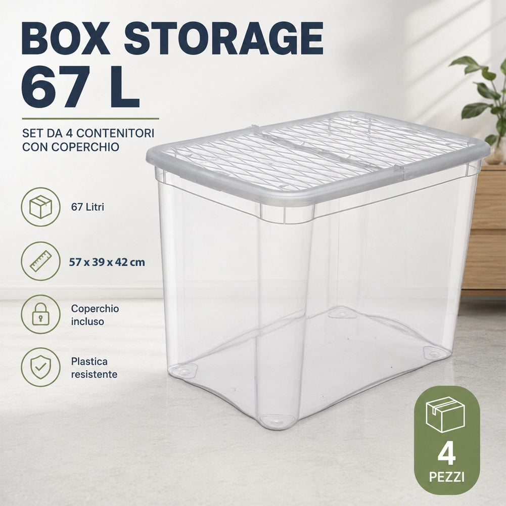 4 Pezzi Storage Box Marea Contenitori Trasparenti Plastica 67L x 4Pz 57x39x42cm