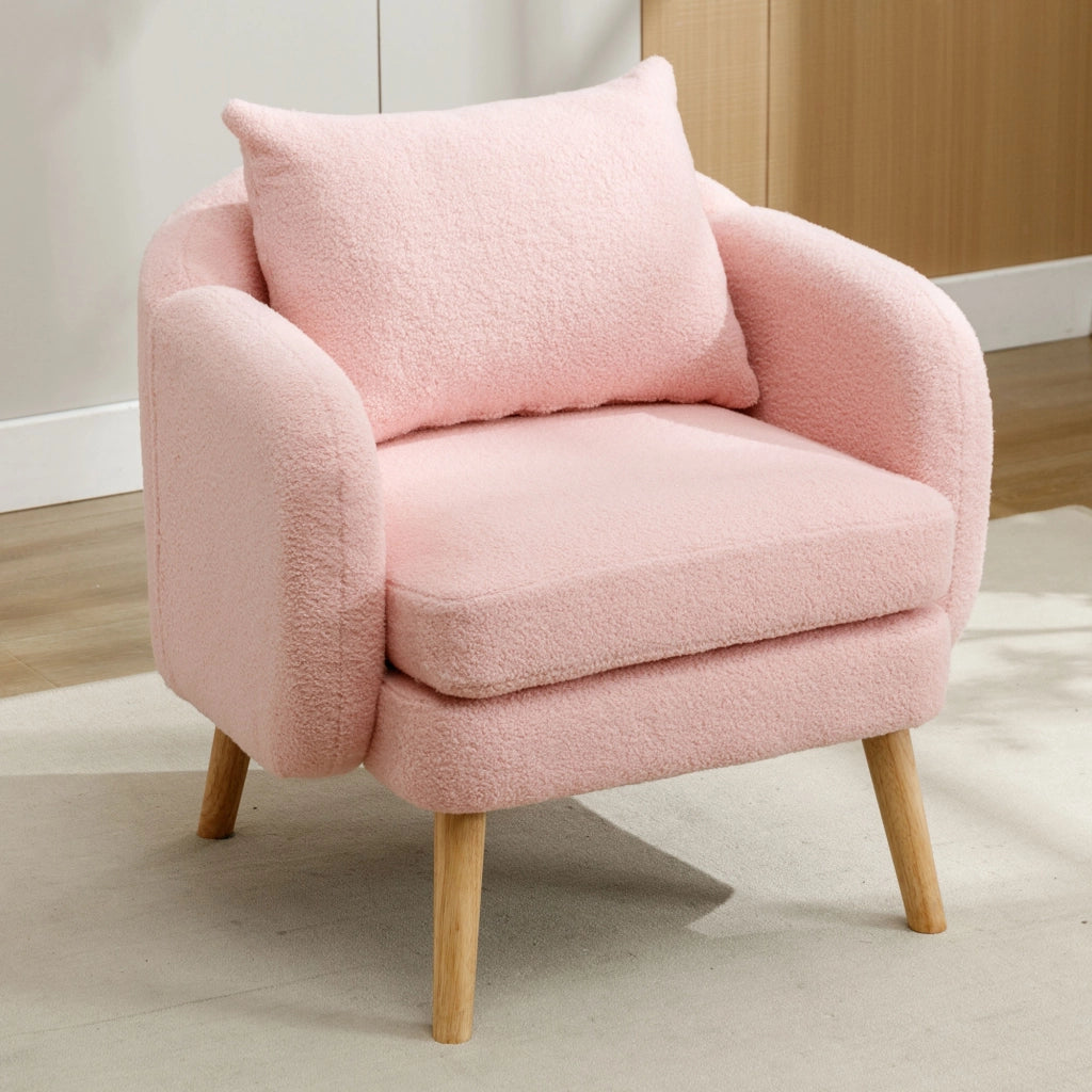 Poltrona in tessuto teddy con cuscino lombare e seduta spessa 14 cm in legno massello rosa per relax quotidiano
