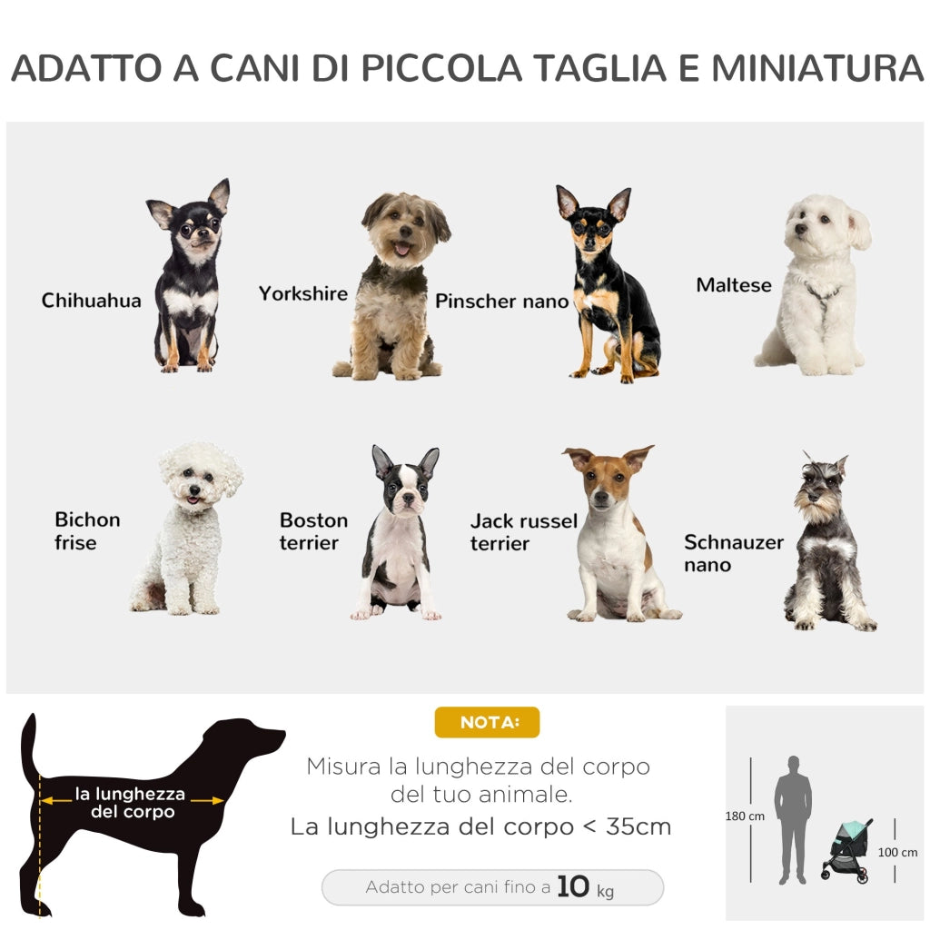 Passeggino per Cani Piccoli Pieghevole con Copertura Antipioggia a 3 Ruote Verde