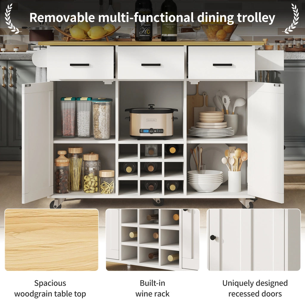 Carrello da Cucina con 3 Cassetti; 2 Ante; Portaspezie; Portaasciugamani e Piano Ribaltabile in MDF 104x39;5x91;5 cm Bianco