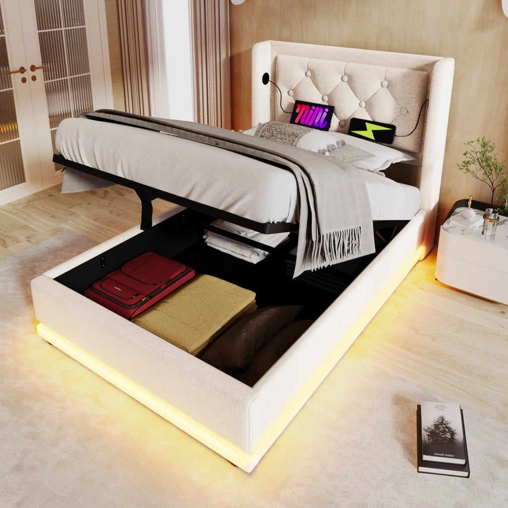 OKWISH Letto Contenitore 90×200 cm, Letto Singolo con USB, Tipo C, LED Regolabile e Testiera Imbottita, senza Materasso, Beige