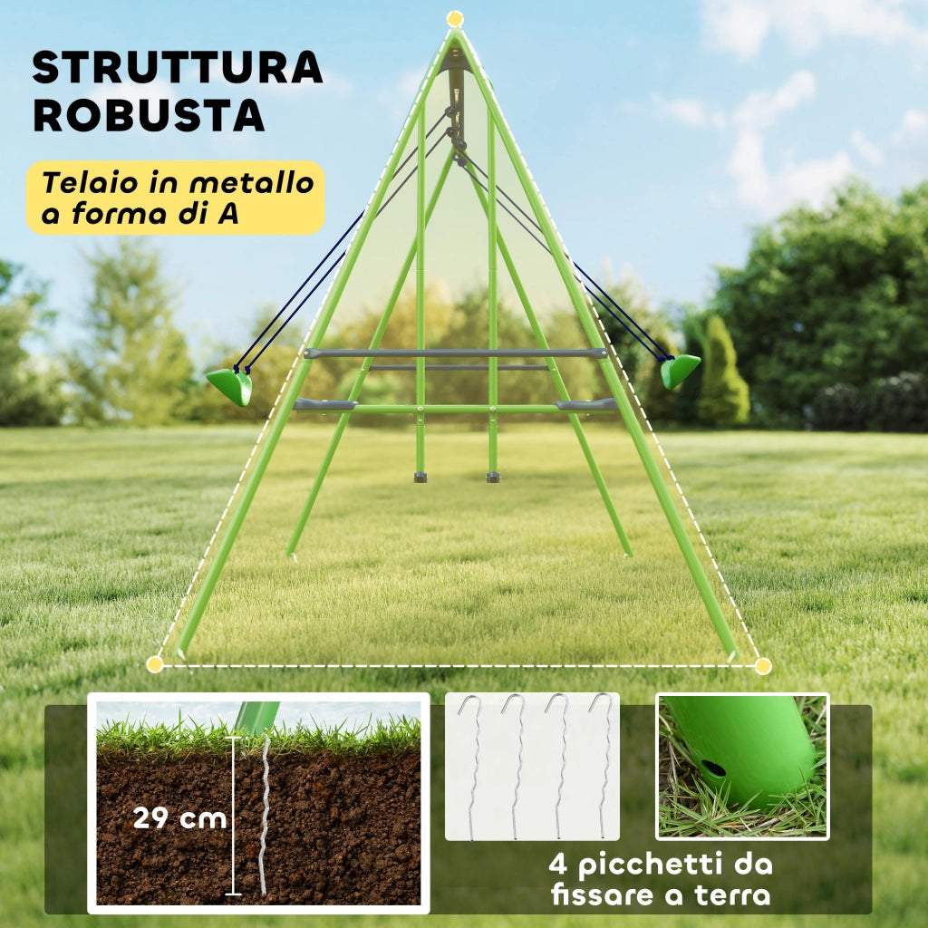 Altalena Doppia con 2 Singole per Bambini ¨C zephmum ¨C Verde Blu Metallo PE 280x140x178 cm