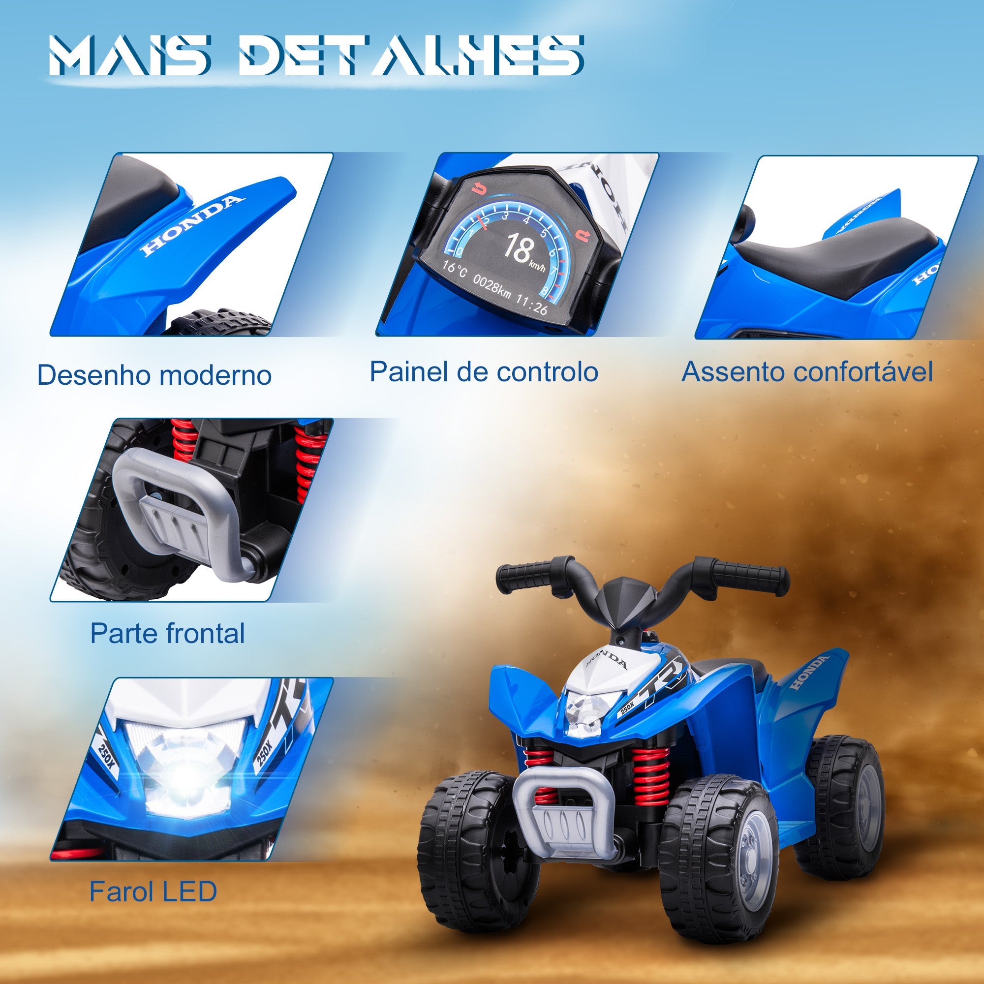 Quad Elettrico per Bambini licenza ufficiale HONDA con Luci LED Clacson e Pedale Blu