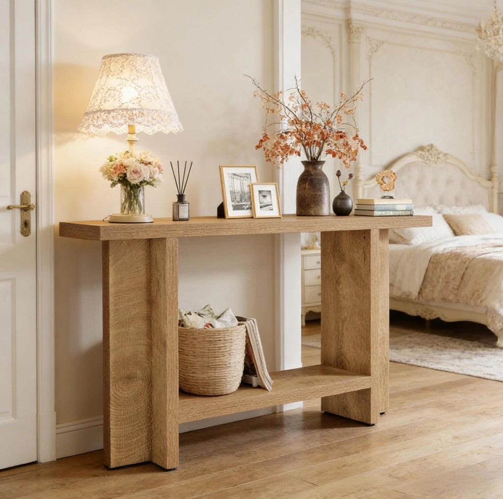 Tavolo consolle a 2 ripiani in MDF marrone 150x30x80 cm