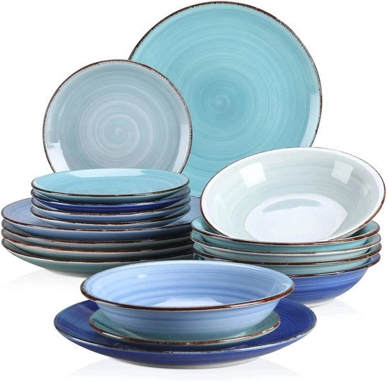 Servizio da Tavola - Set di Servizi da Tavola - 18 pezzi di Piatti - Piatti di Zuppa - Piatti di Dolce - Servizio da Tavola in Ceramica per 12 persone - Blu Bonita - Codice del Servizio: Servies - Modello: 18 pezzi