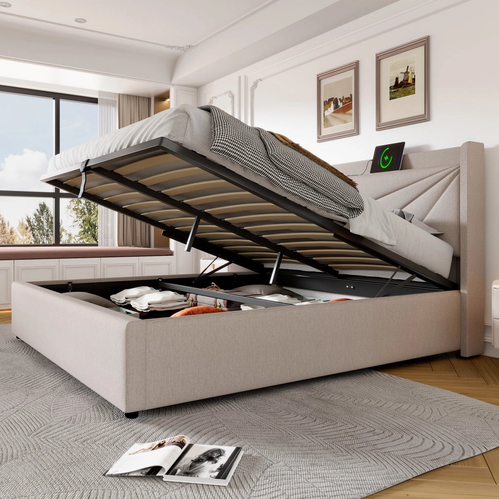 Letti contenitori 140x200 cm con contenitore e ricarica USB Type-C; cotone e lino beige (Senza materasso)