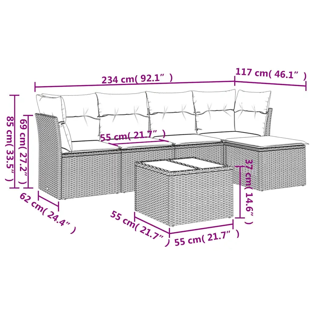 Set Divano da Giardino 6 pz con Cuscini Grigio in Polyrattan