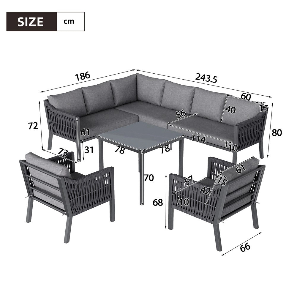 Set da Giardino 8 Posti con Tavolo in Vetro e Divano ad Angolo ¨C Xylo ¨C Grigio, Ferro, Corda