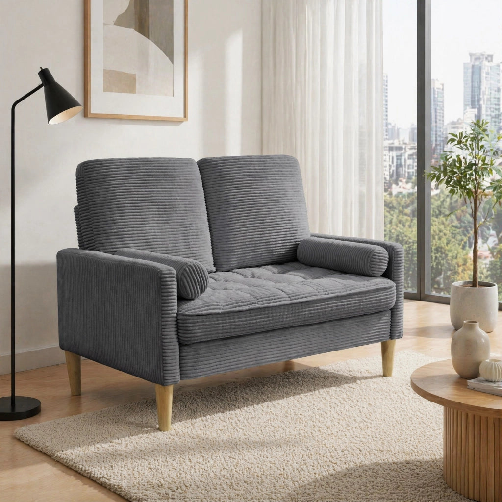 DIVANO 2 posti in tessuto grigio con gambe in legno, 107 cm