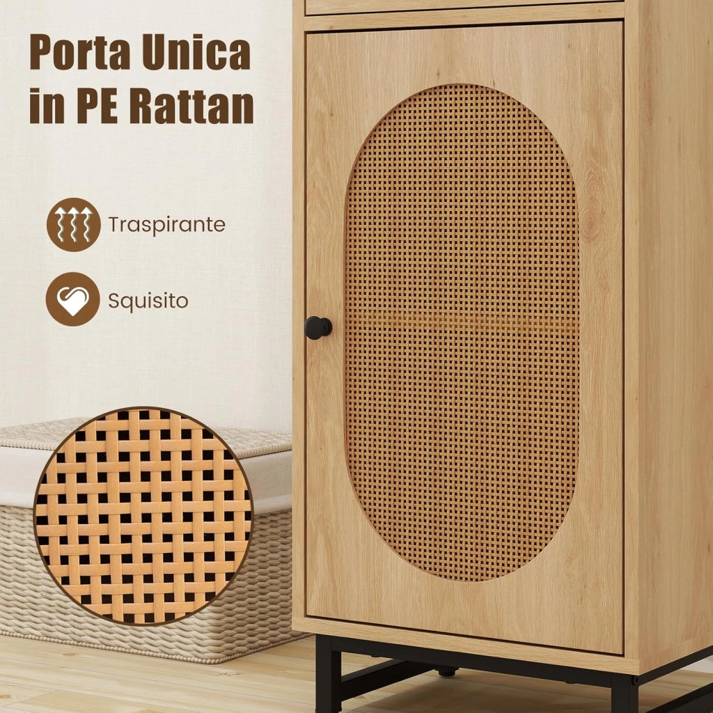 Mobiletto con Ripiano Regolabile su 3 Livelli, Armadietto con 1 Cassetto & 1 Anta in Rattan PE, Comodino Antiribaltamento con Piedini Regolabili, per Soggiorno & Salotto, 40 x 30 x 91 cm