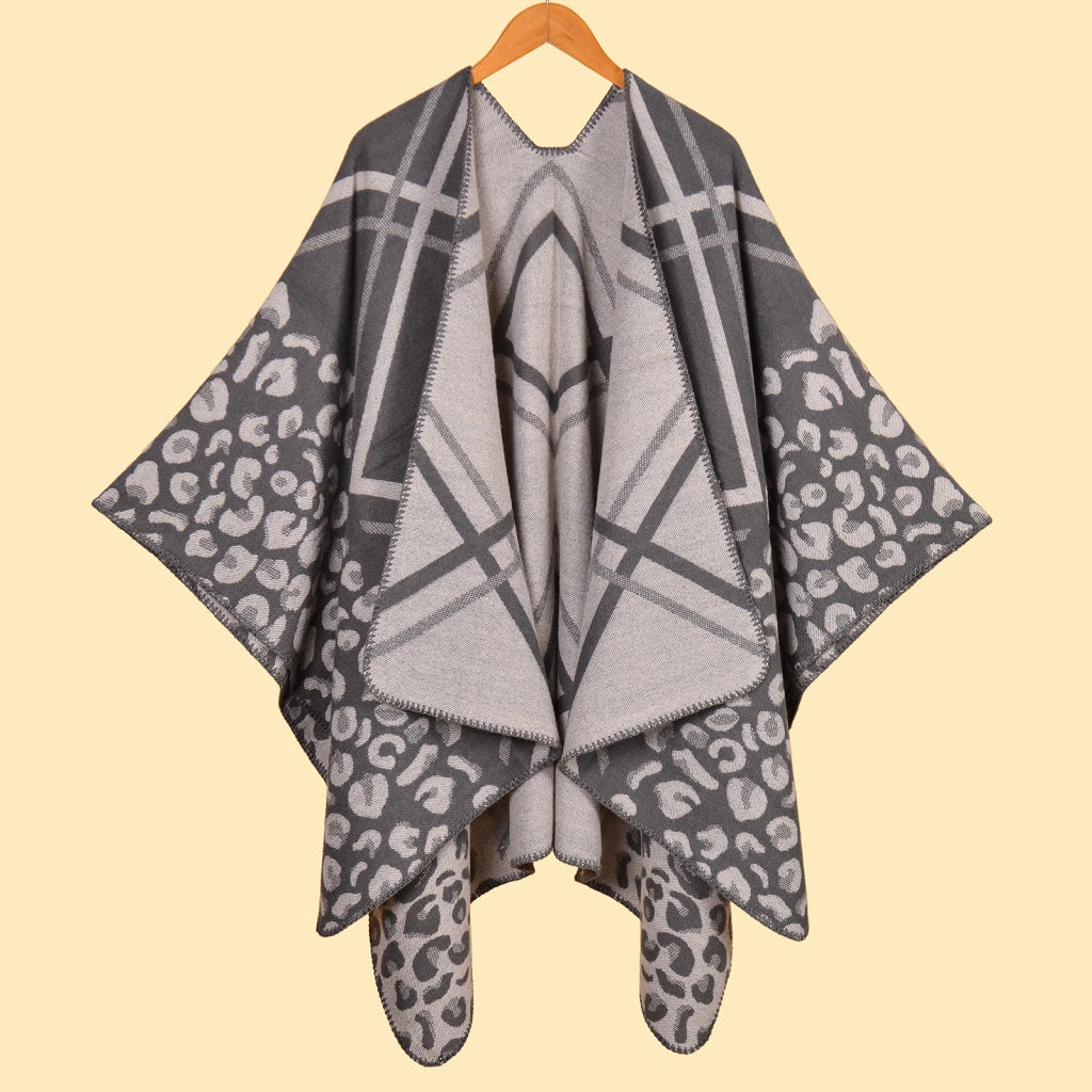 Sciarpa/mantella da donna alla moda, classica, jacquard a righe leopardate, calda, con spacco.