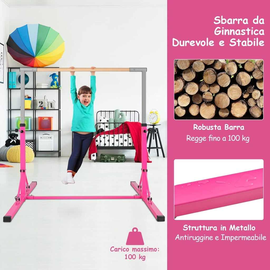 Barra per Ginnastica e Danza per Bambini e Bambine Pieghevole e Portatile, Sbarra Parallela in Metallo e Legno con 13 Altezze Regolabili, Ruote e Cuscinetti Antiscivolo, Portata 100 kg