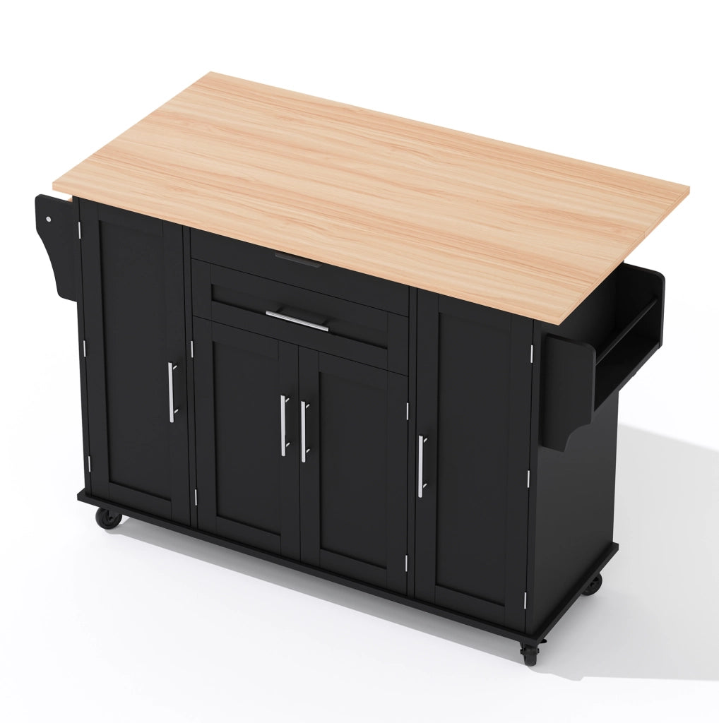 Isola da cucina mobile 136x70x92 cm con piano estraibile; cassetto nascosto; MDF nero e naturale