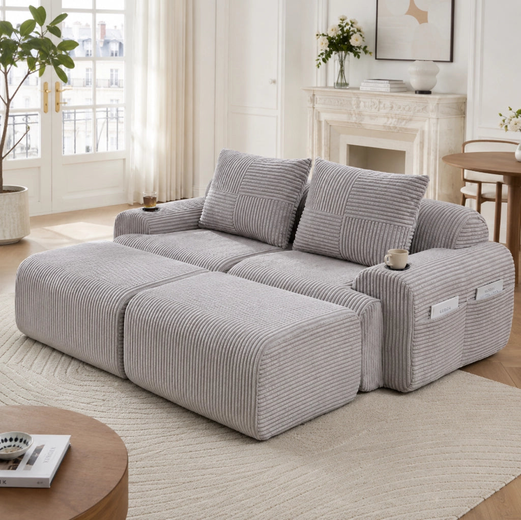 Divano modulare 2 posti 200x174x80 cm in velluto a coste; grigio chiaro con portabicchieri