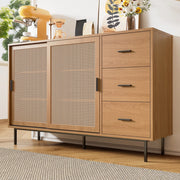 OKWISH Credenza con 2 Ante Scorrevoli in Rattan e 3 Cassetti, per Soggiorno o Sala da Pranzo, Truciolare, 140 x 37 x 91 cm