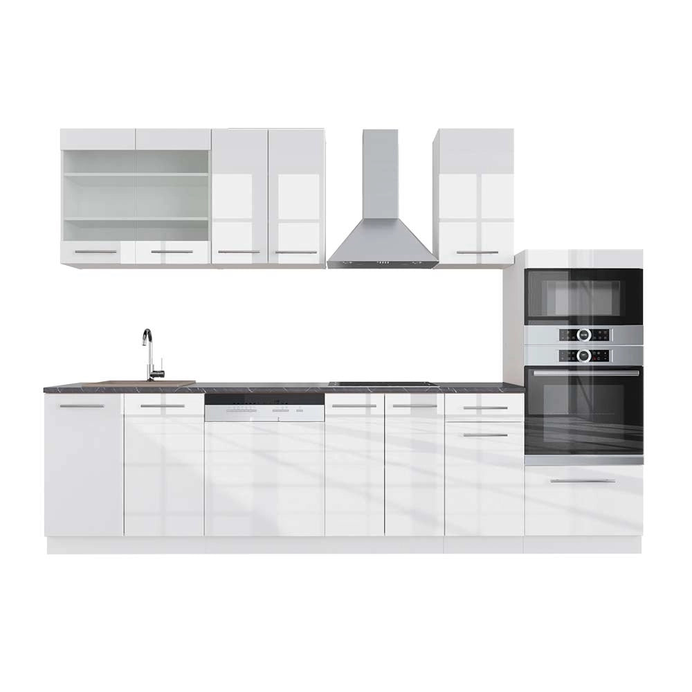 Cucina componibile Fame-Line Bianco lucido/Bianco 300 cm con armadio alto, PL Antracite Vicco