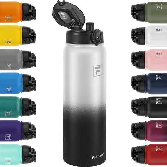 Fles di plastica in acciaio inossidabile da 1L con coperchio da 1L - per scuola, bambini, donne e uomini | Impermeabile e resistente alla sudorazione con coperchio staccabile (bianco/nero)