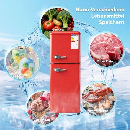 Frigorifero a doppia porta (112L) – controllo della temperatura a 7 livelli; classe di efficienza energetica E; luce LED; ripiani regolabili e portauova – Rosso
