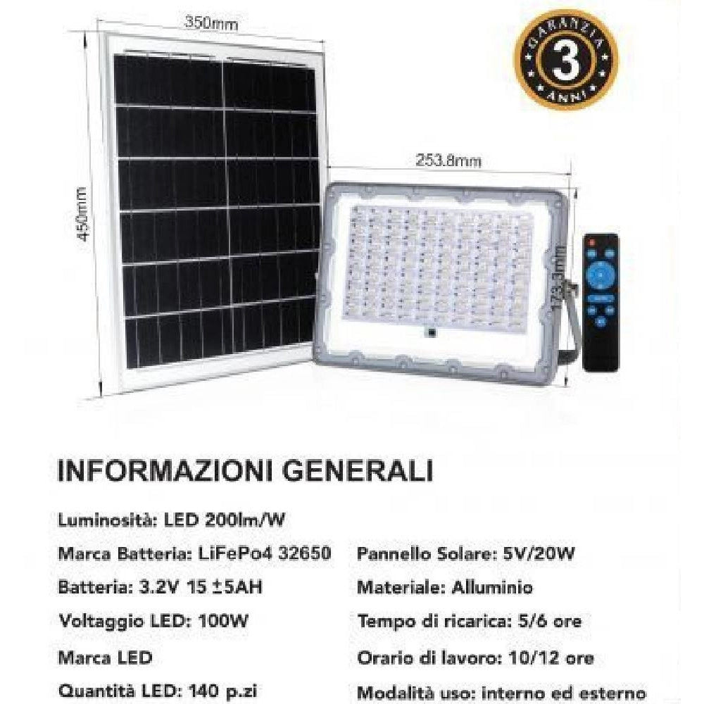Trade Shop - Faro Led 100 Watt Crepuscolare Pannello Energia Solare Telecomando Ip65 Sl-100w -