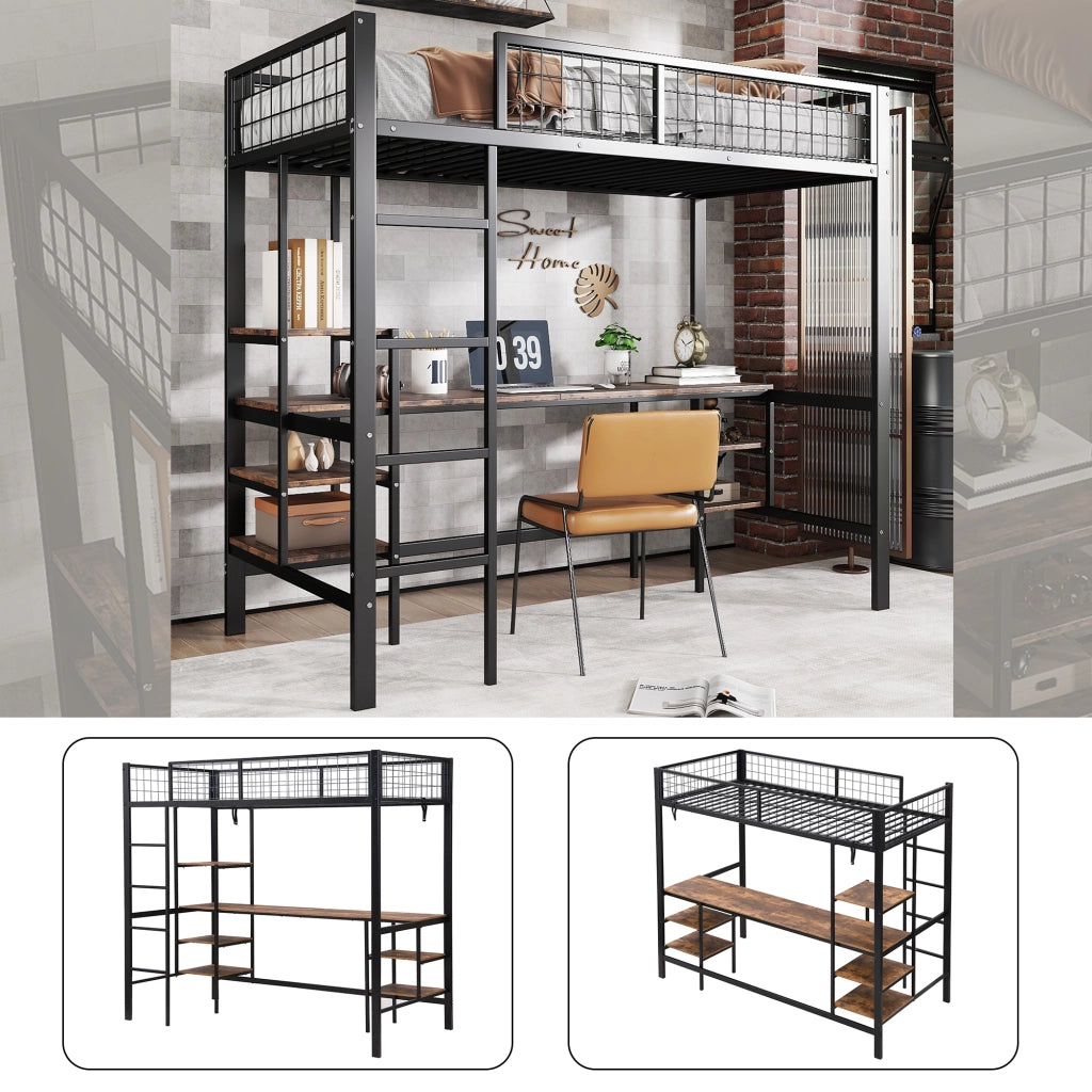 Letto a Soppalco 90 x 200 cm - Scrivania; Mensole e Scala a 4 Gradini - Nero