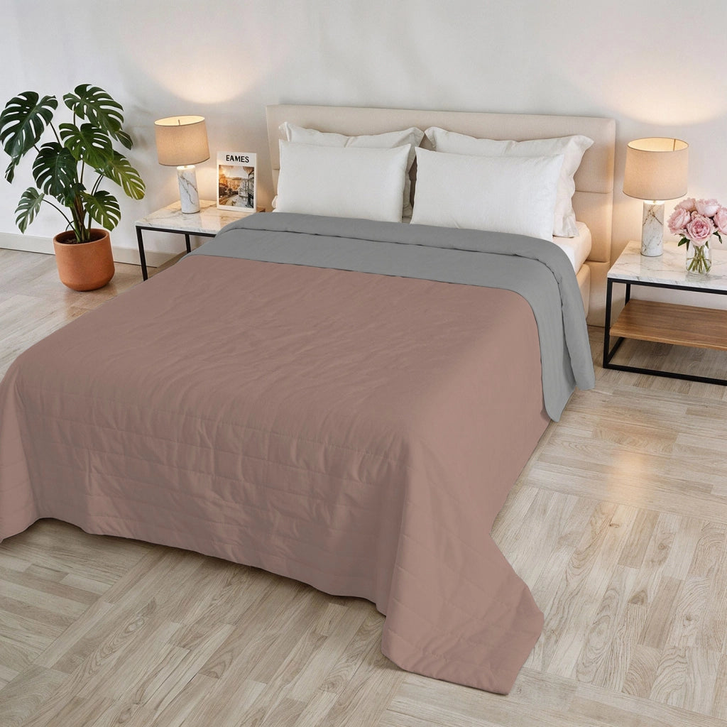 Trapuntino Estivo Double Face Effetto Water Washed Singolo 170x250 cm in Poliestere Rosa Antico e Grigio Chiaro