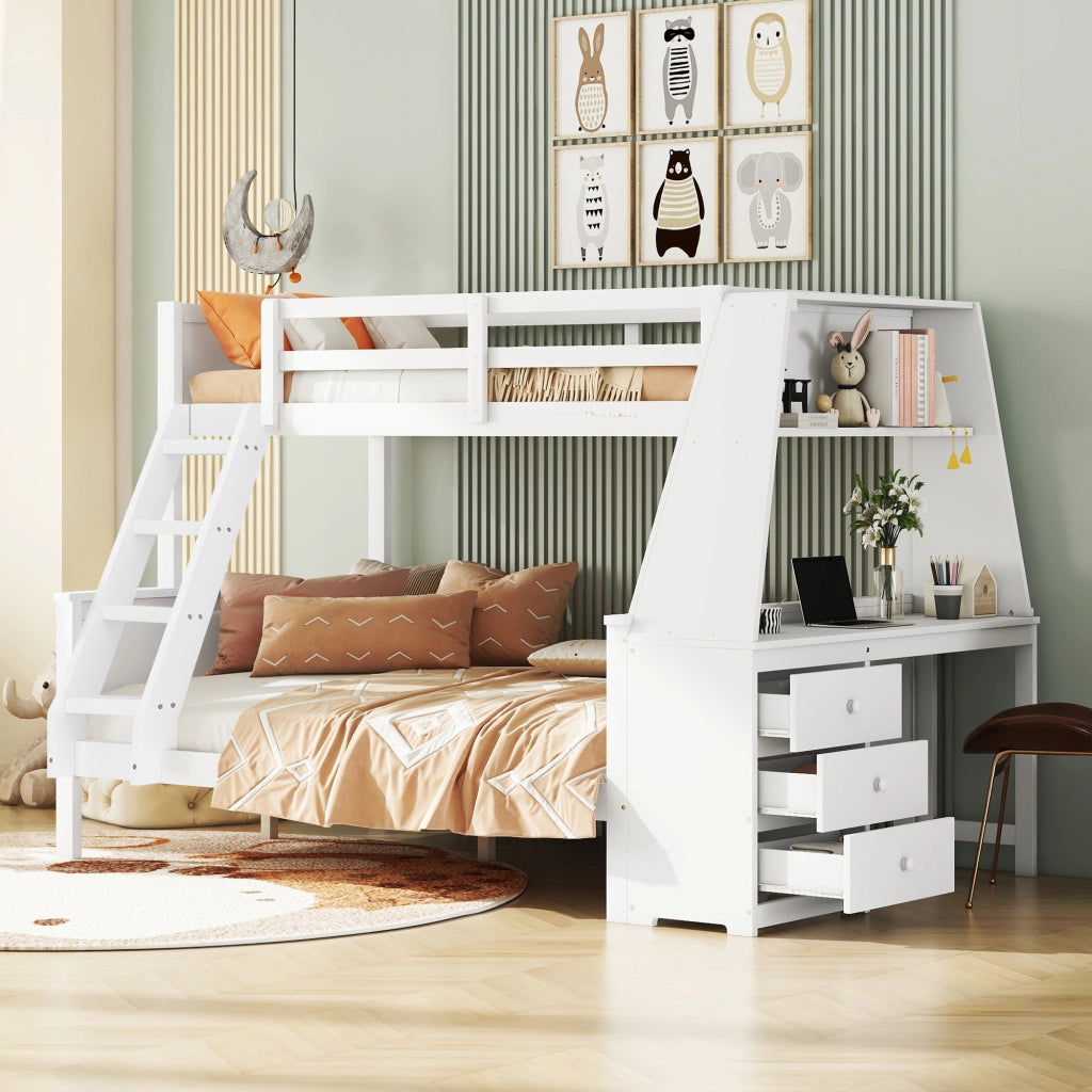 OKWISH Letto a castello 90×200 cm e 140×200 cm, Letto 3 Posti con Scrivania, Mensole e 3 Cassetti, senza Materasso, Bianco