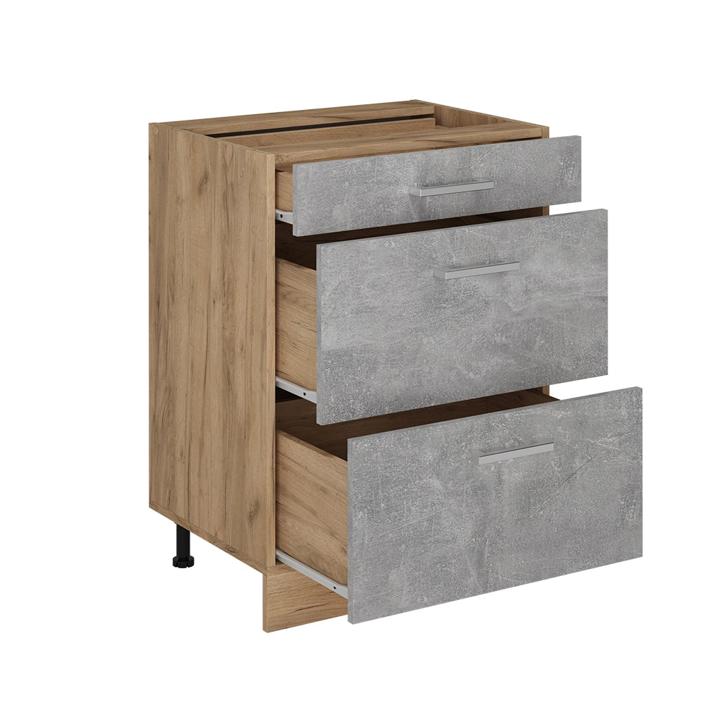 Mobiletto base per cucina R-Line Calcestruzzo/Rovere dorato 60 cm con cassetti, PL Antracite Vicco