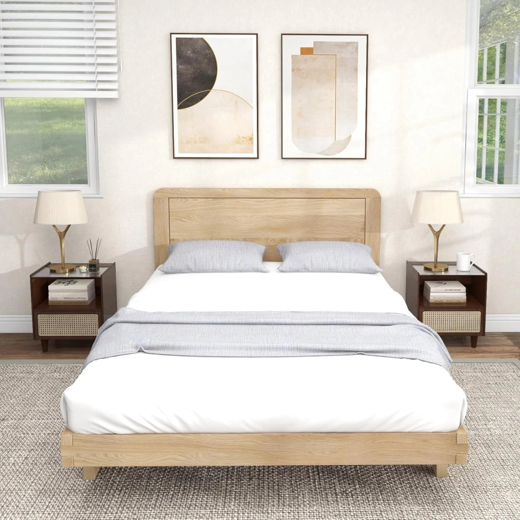 Set 2 Comodino in Bambù, Comodone da Letto con Cassetto in Rattan e Scomparto Aperto, Tavolino con Piano in Vetro, 43 x 35 x 50 cm