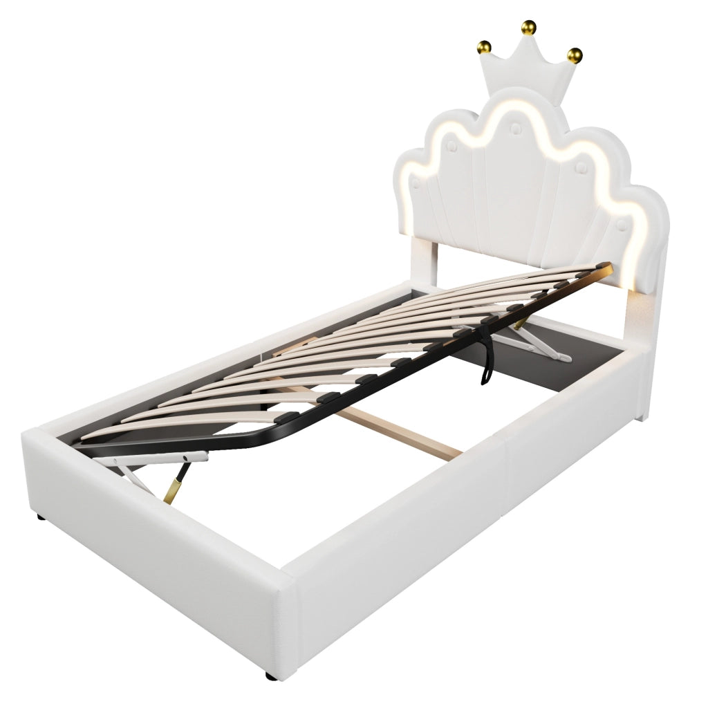 Letto imbottito 90x200 cm con contenitore; LED e testiera regolabile in PU