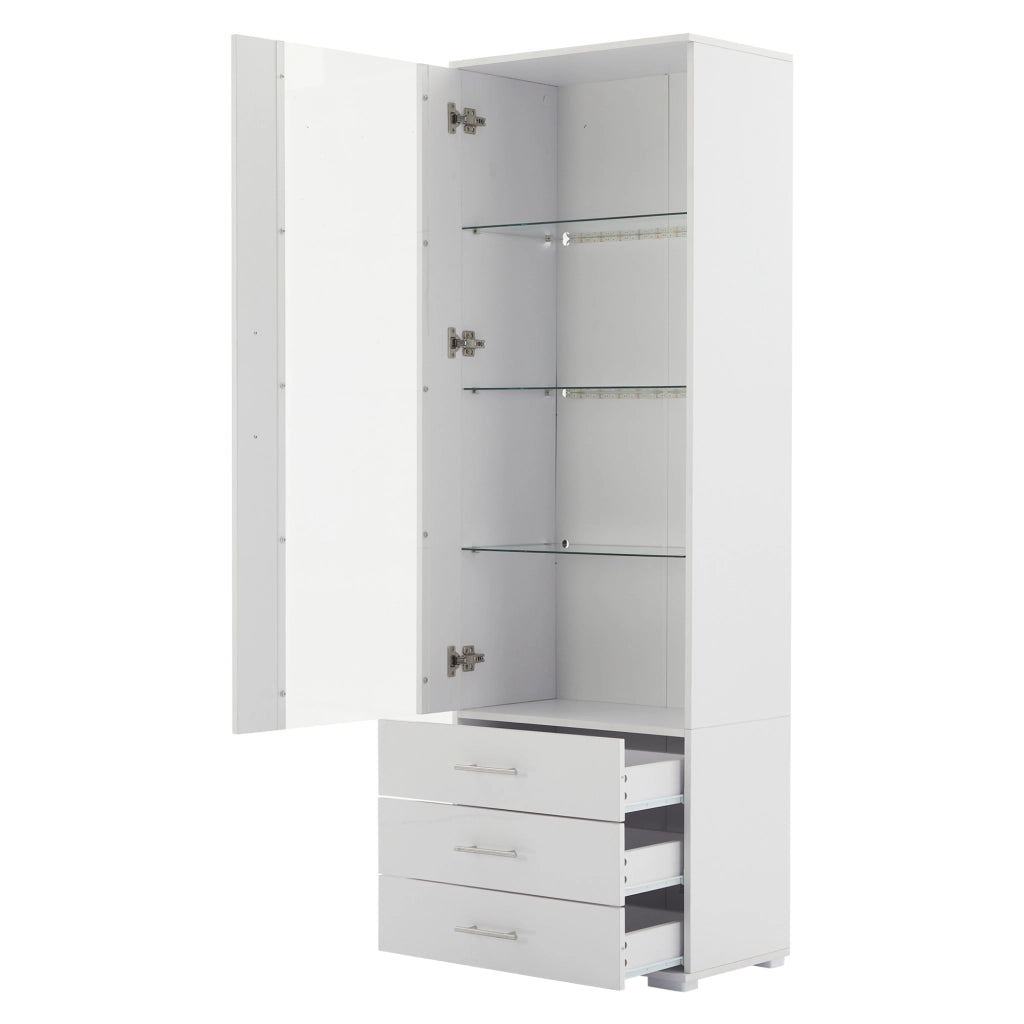 Vetrina con LED da app, 1 anta e 3 cassetti, fronte lucido, per soggiorno, in MDF, bianco, 60 × 35 × 180 cm