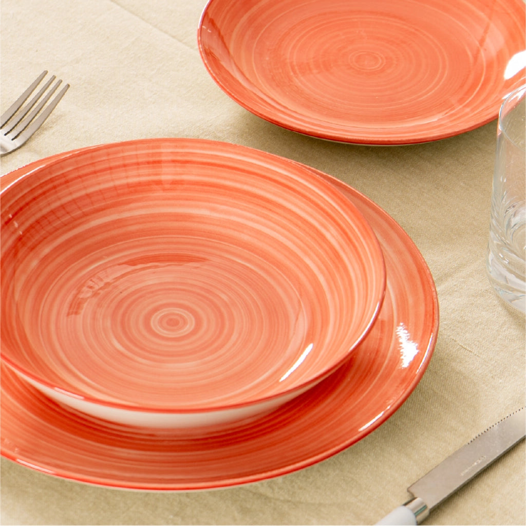 Set 18 Piatti in Porcellana Colorati Servizio Tavola Moderno 6 Persone Piatti Piani Ø27 cm, Fondi Ø20 cm e Dessert Ø19 cm Lavastoviglie e Microonde Certificati per Contatto Alimentare Fuoco