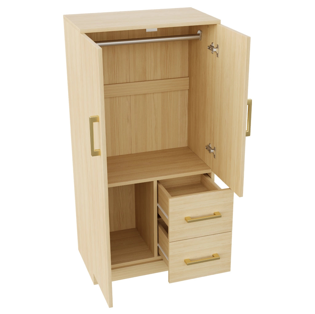 Armadio per cameretta 70x40x135 cm con 2 ante; 2 cassetti e vano; naturale