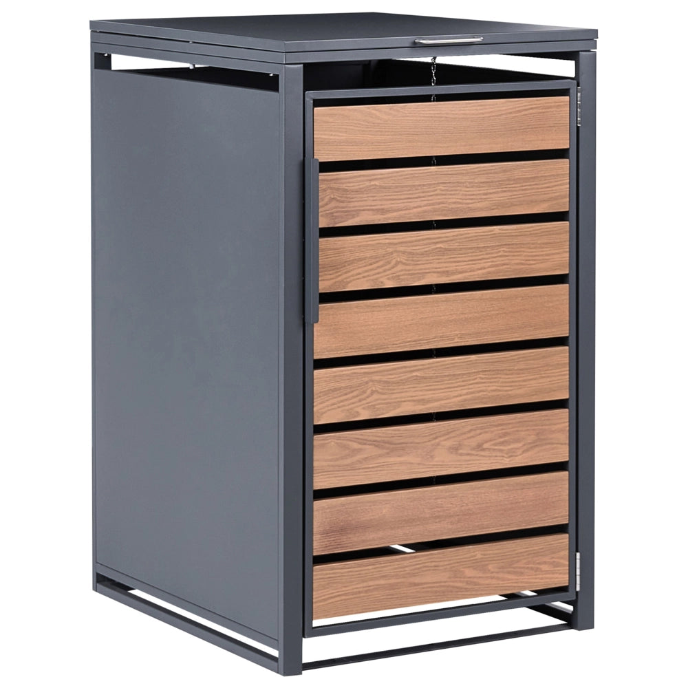 Copertura per bidone della spazzatura in acciaio zincato grigio scuro da 240 L con sportello magnetico a trasferimento termico e finitura effetto legno, apertura dall'alto, per esterni e giardino