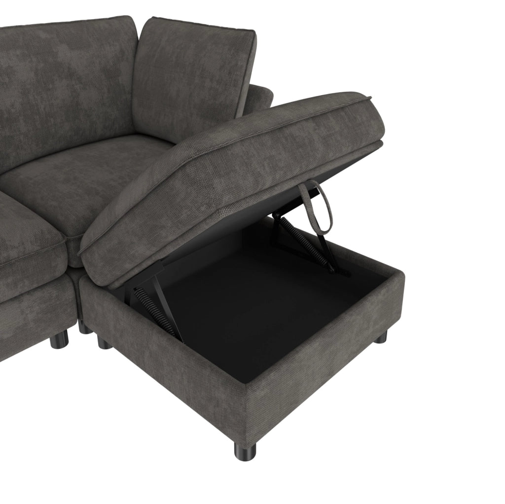 Divano modulare angolare a L con pouf contenitore; 225x137x84 cm; in chenille grigio