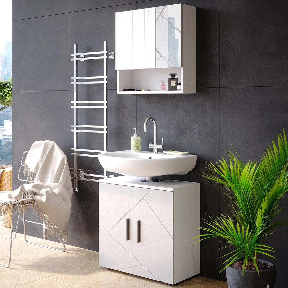 Vicco Set mobili bagno Bianco lucido 2 parti, mobile base 60 cm